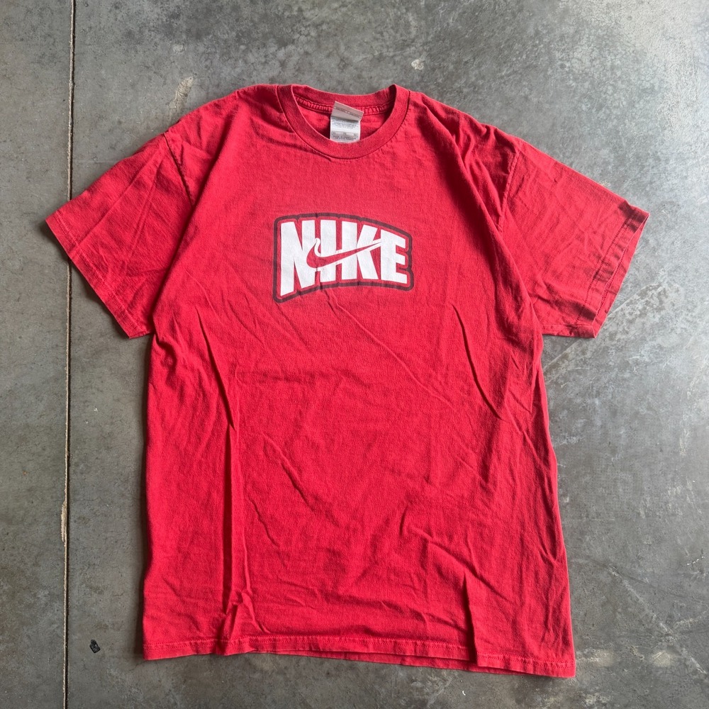 Vintage Y2K Nike Spellout Center Swoosh Red Graphic T Shirt Gray Tag Mens XL